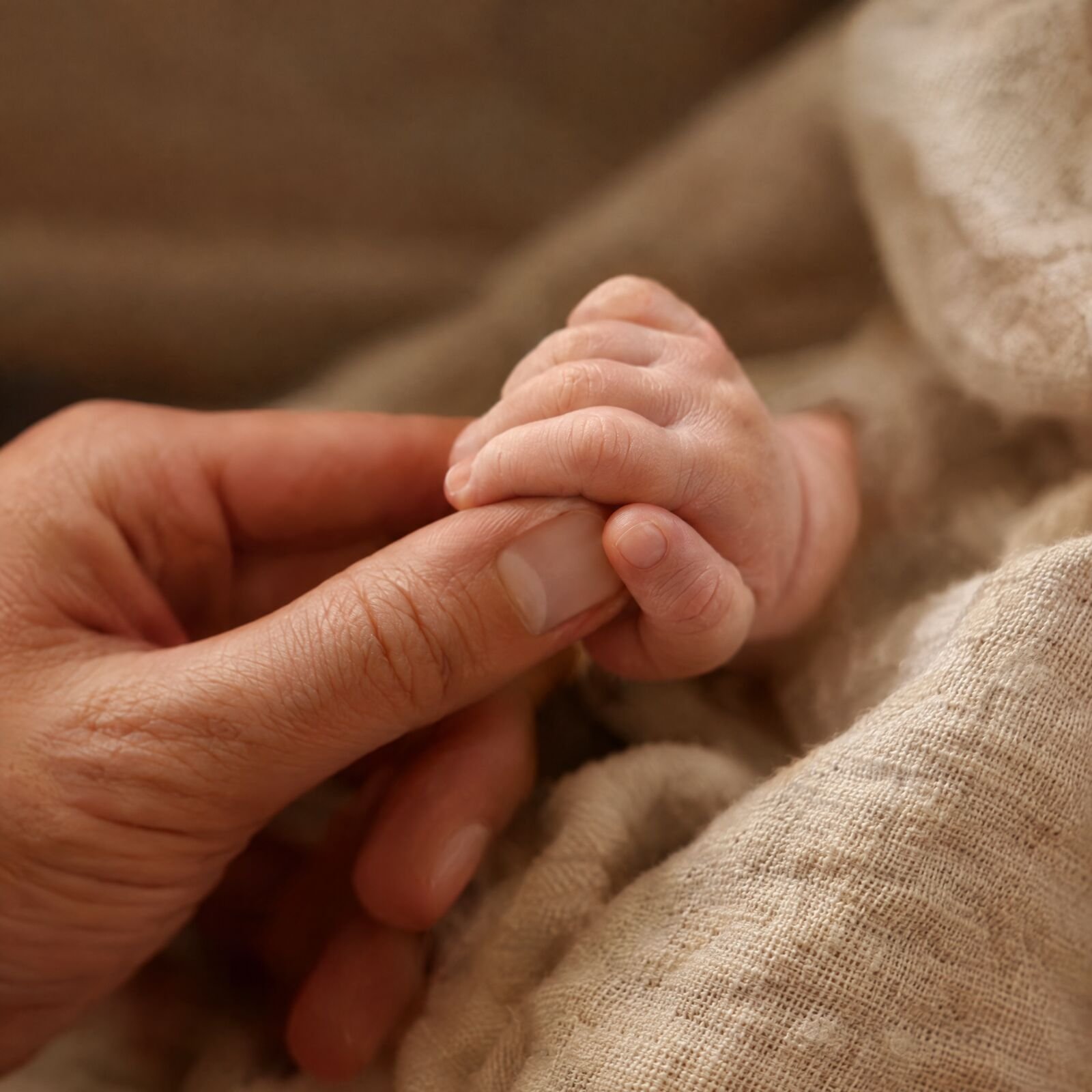 Kleine Hand eines Neugeborenen umfasst den Finger eines Erwachsenen